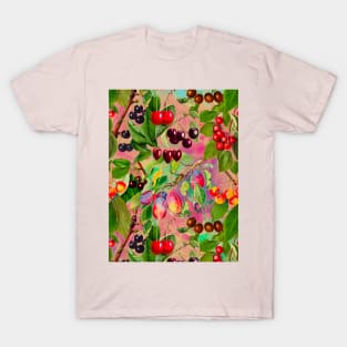 Exotic tropical floral leaves and fruits, botanical pattern, tropical plants, Blush rose pink fruit pattern over a T-Shirt